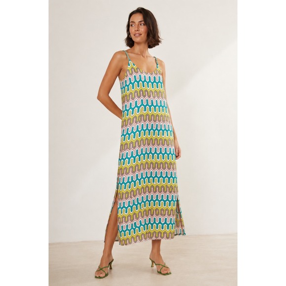 Vilagallo Dresses & Skirts - Vilagallo Silk Maxi Slip Dress Geometric Print Multi Color Braided Straps 36